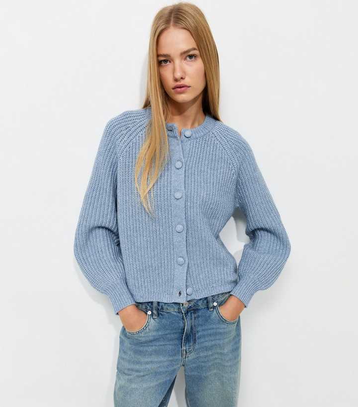 Blue Rib Raglan Crew Neck Cardigan