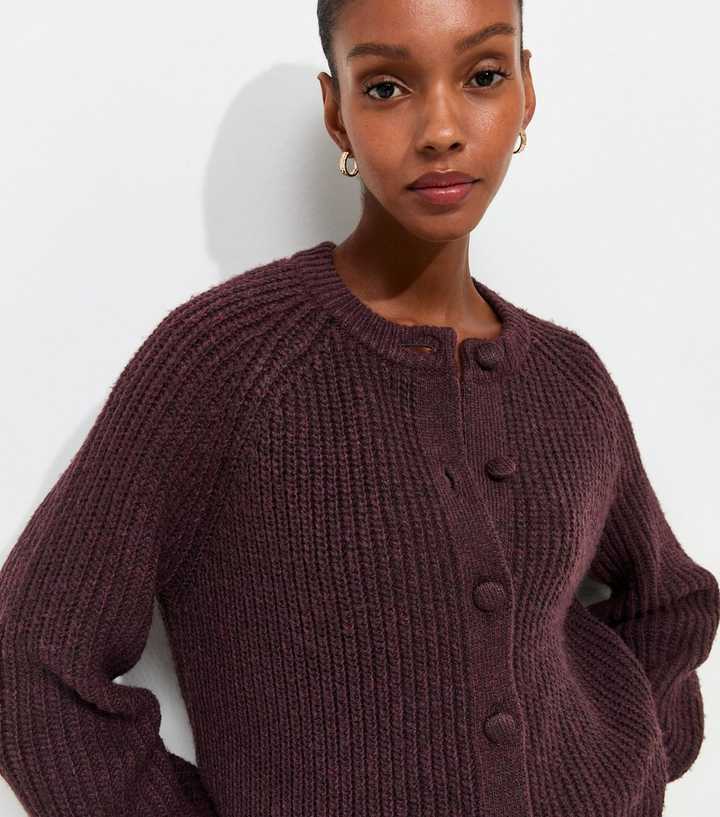 Dark Burgundy Rib Raglan Crew Neck Cardigan