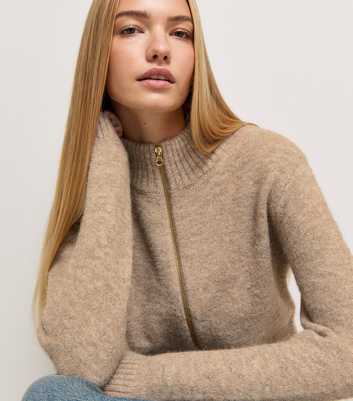 Light Mink Zip Through Funnel Neck Cardigan
