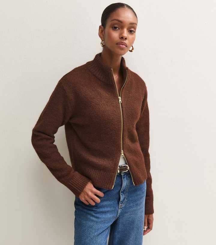 Dark Brown Zip Through Funnel Neck Cardigan