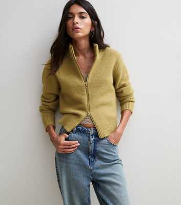 Green Zip Through Funnel Neck Cardigan