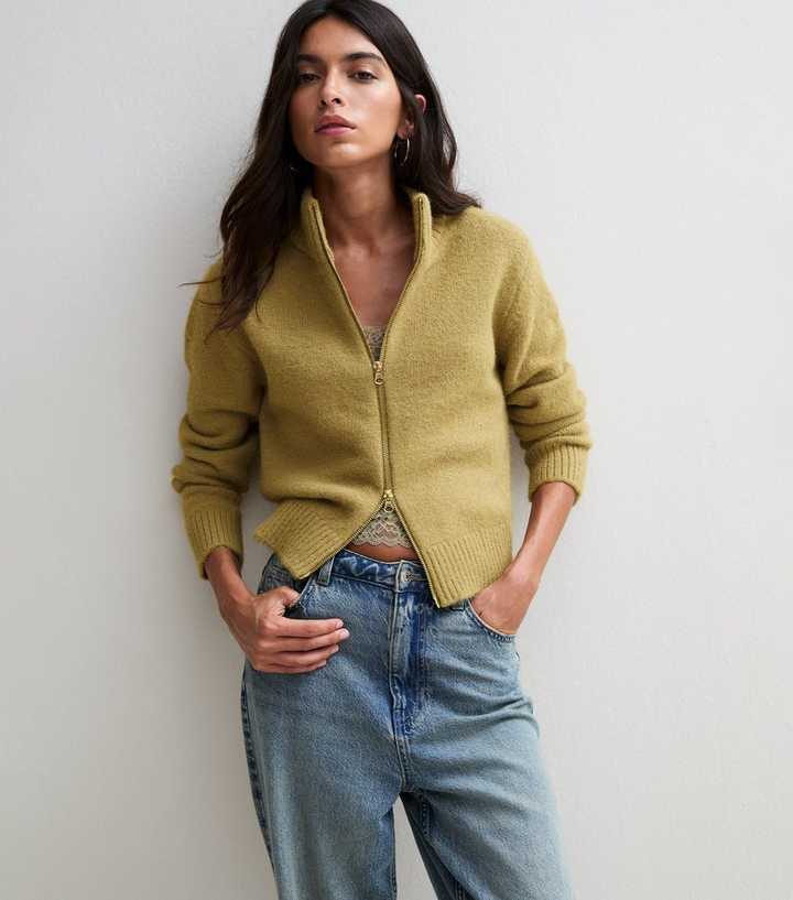 Green Zip Through Funnel Neck Cardigan