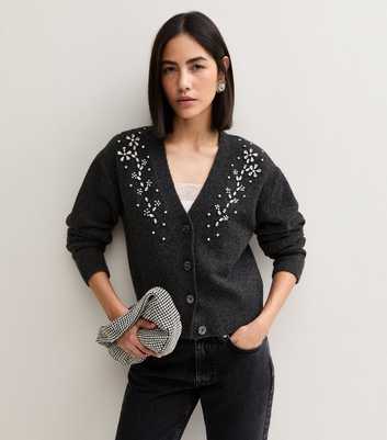 Dark Grey Embellished Trim V-Neck Cardigan