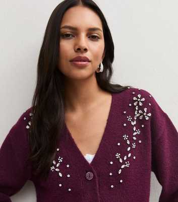 Dark Burgundy Embellished Trim V-Neck Cardigan