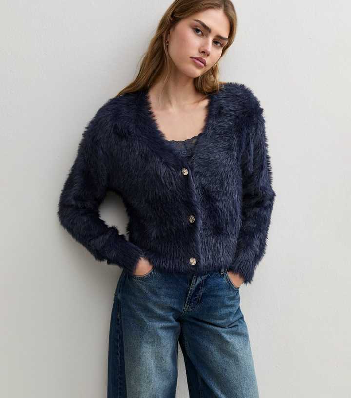 Navy Fluffy V-Neck Cardigan