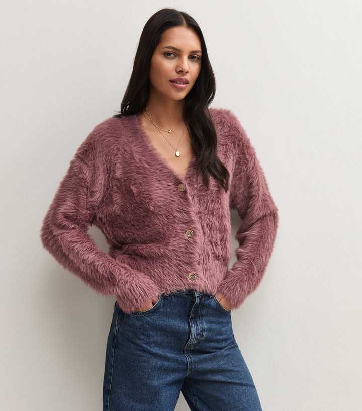 Dark Pink Fluffy V-Neck Cardigan