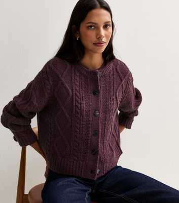 Purple Cable Knit Button Front Cardigan