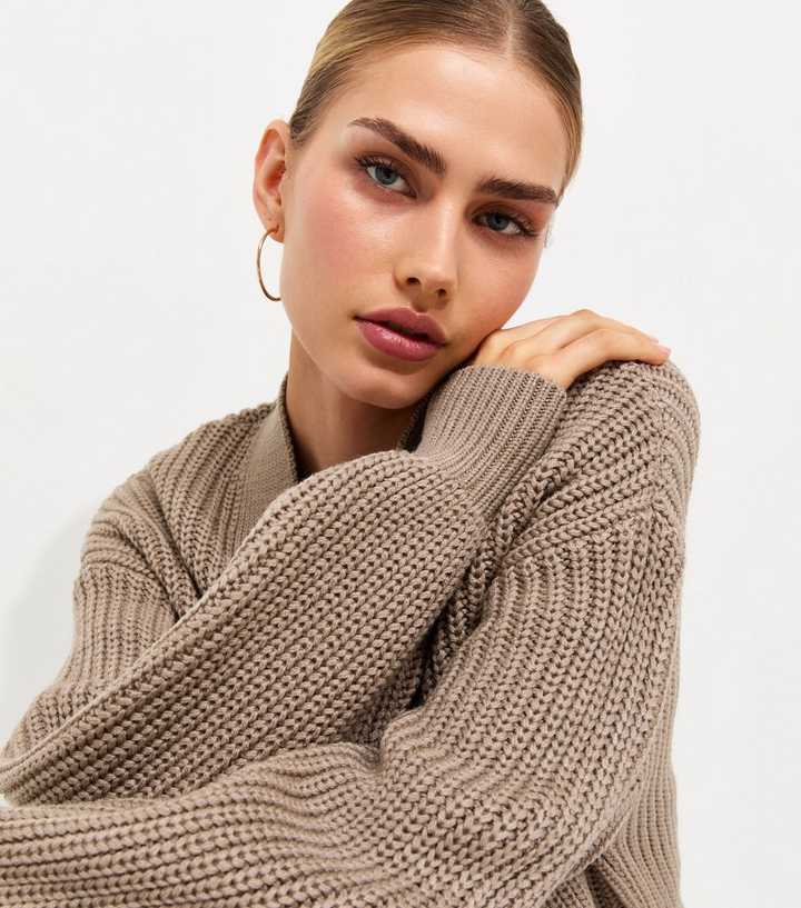 Dark Mink Ribbed Knit Balloon Sleeve Cardigan