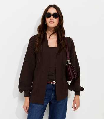 Dark Brown Ribbed Knit Balloon Sleeve Cardigan