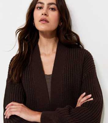 Dark Brown Ribbed Knit Balloon Sleeve Cardigan