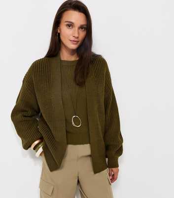 Dark Khaki Ribbed Knit Balloon Sleeve Cardigan