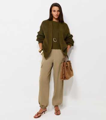 Dark Khaki Ribbed Knit Balloon Sleeve Cardigan