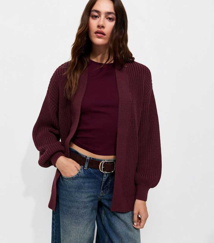 Dark Burgundy Open Front Balloon Sleeve Cardigan