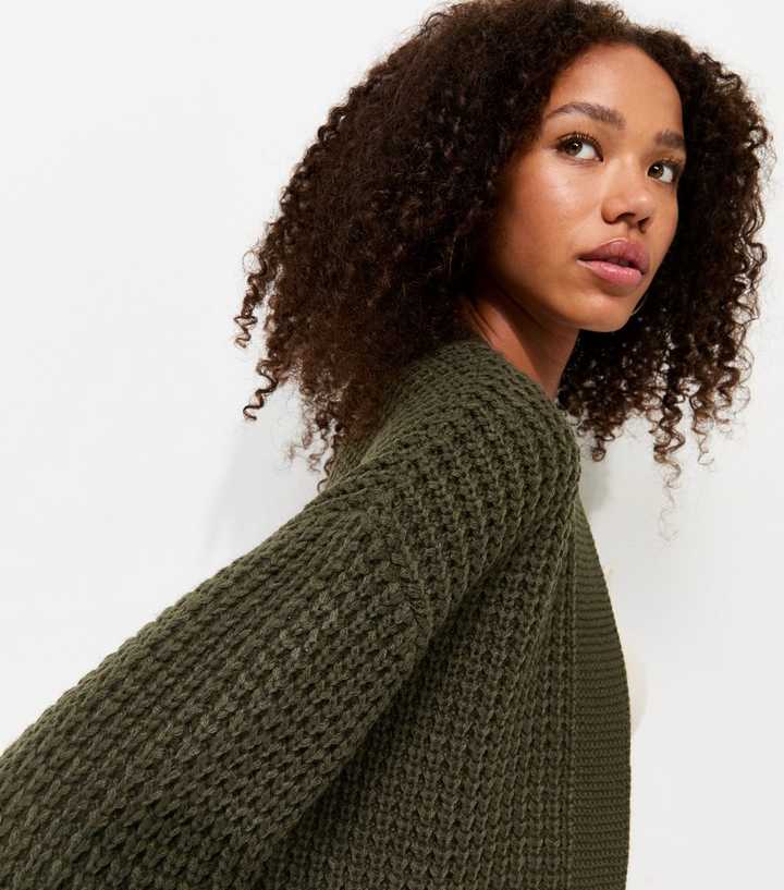 Dark Khaki Moss Stitch Open Front Cardigan