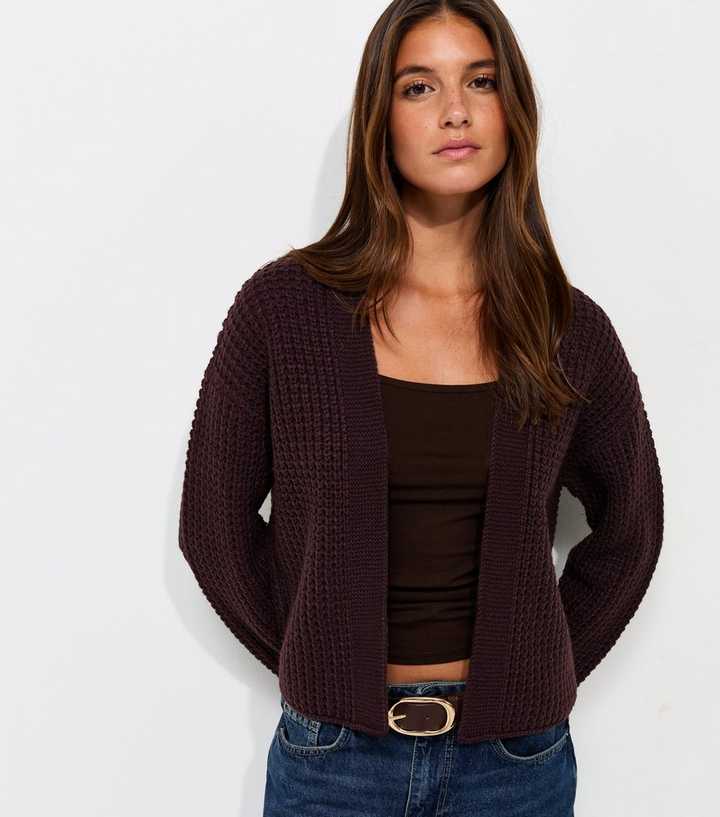 Dark Purple Moss Stitch Open Front Cardigan
