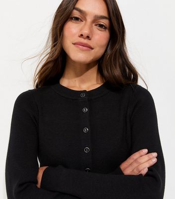 Petite Black Compact Knit Crew Neck Cardigan | New Look