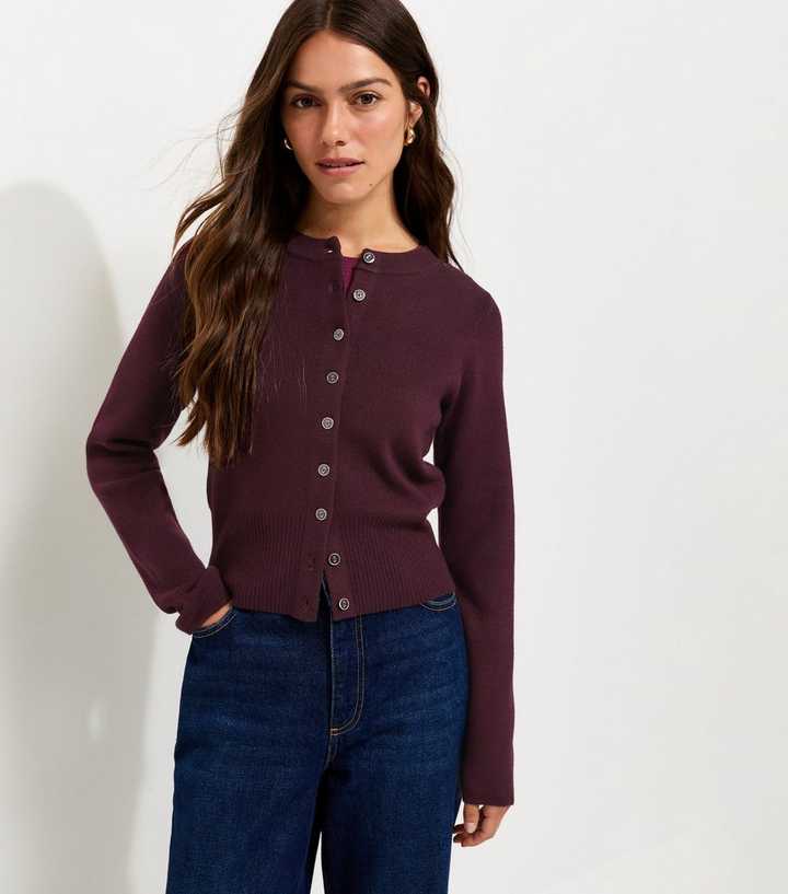Petite Bright Purple Compact Knit Crew Neck Cardigan
