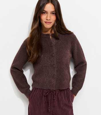 Petite Dark Brown Fluffy Knit Crew Neck Cardigan