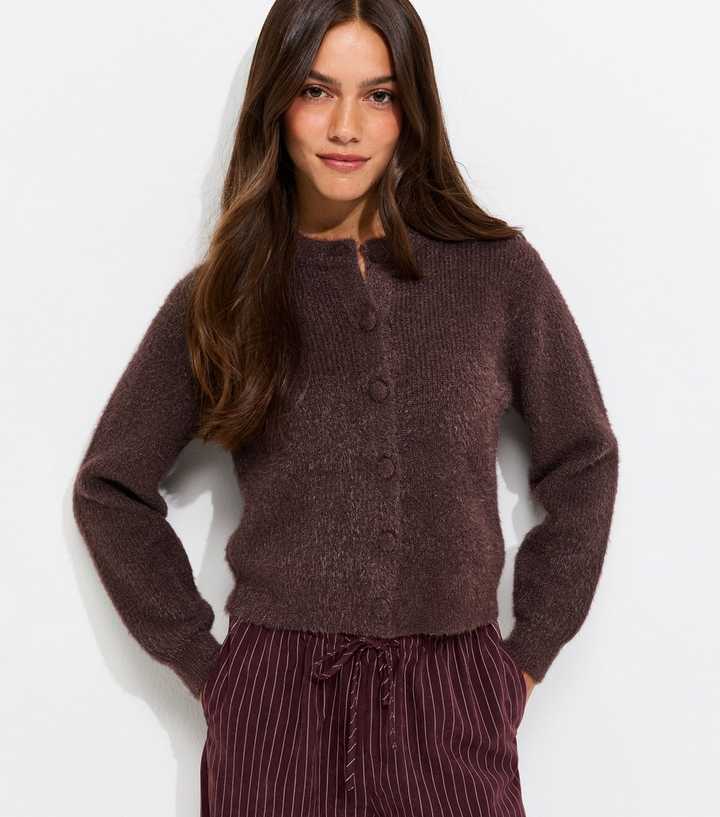 Petite Dark Brown Fluffy Knit Crew Neck Cardigan
