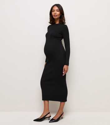 Maternity Black Lightweight Ribbed Knit Midi Dress