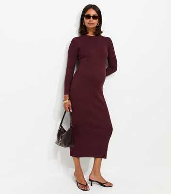 Maternity Dark Burgundy Lightweight Ribbed Knit Midi Dress