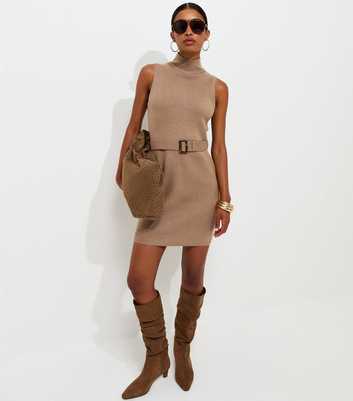 Mink Knit Belted Sleeveless Mini Dress