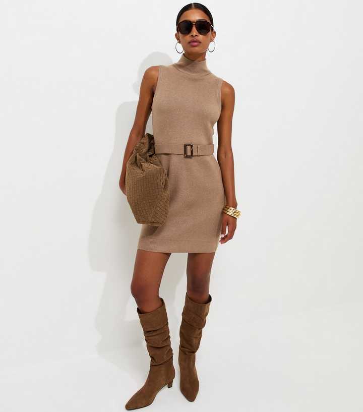 Mink Knit Belted Sleeveless Mini Dress