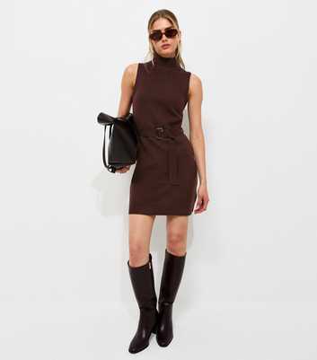 Dark Brown Knit Belted Sleeveless Mini Dress