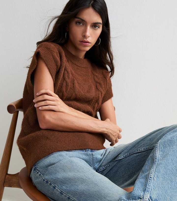 Dark Brown Cable Knit Oversized Tabard Vest