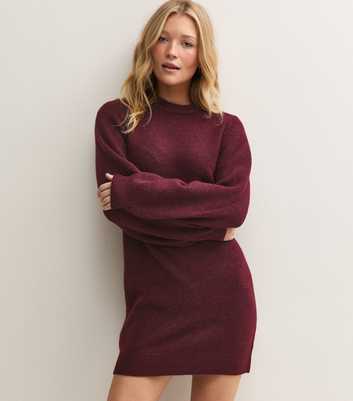 Dark Burgundy Knit Balloon Sleeve Mini Dress