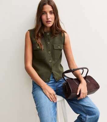 Dark Khaki Patch Pocket Knitted Waistcoat