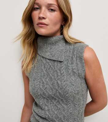 Grey Cable Knit Roll Neck Tabard Vest