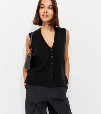 Black Knit Button Through V-Neck Waistcoat