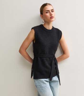 Black Knit Belted Tabard Top with Wool