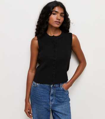 Petite Black Compact Sleeveless Covered Button Waistcoat