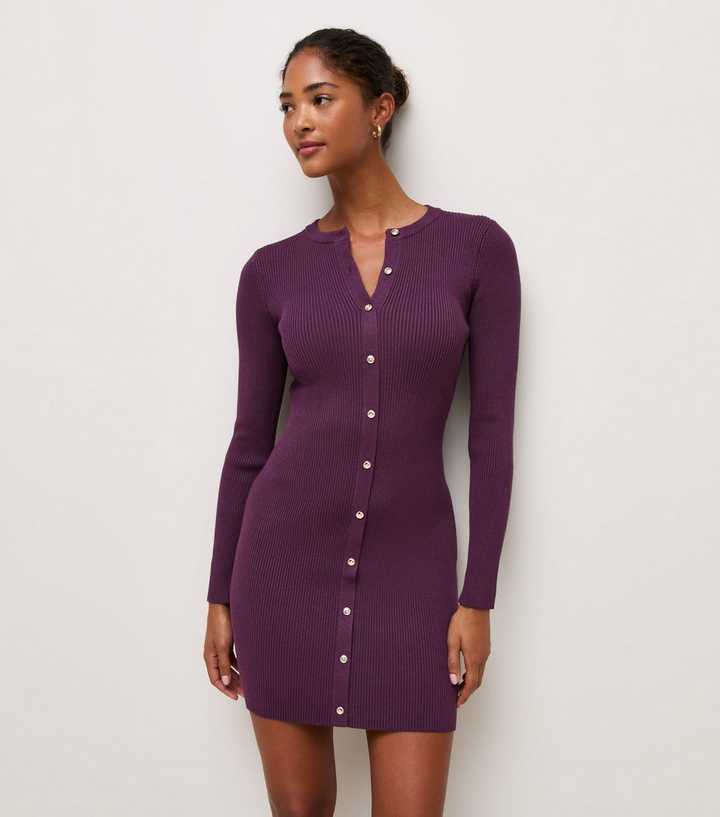 Dark Purple Lightweight Knit Button Front Mini Dress