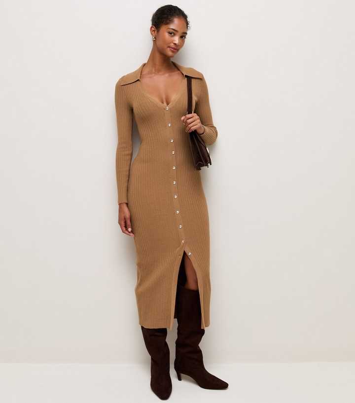 camel knit midi dress Lightweight Ribbed Collared Goldie dress