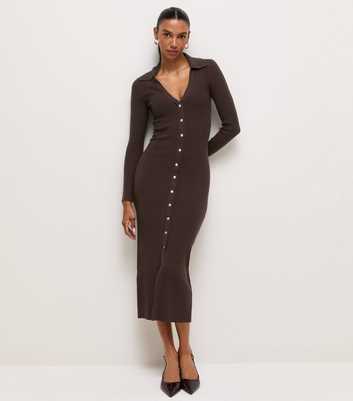 Dark Brown Lightweight Ribbed Knit Collared Midi Dress