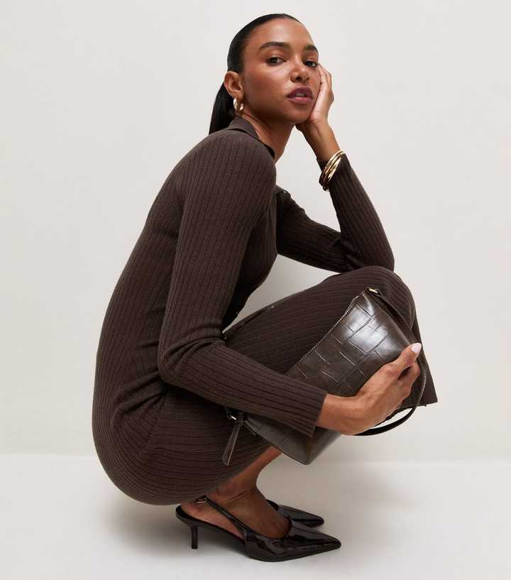 dark brown knit dress Lightweight Ribbed Collared Midi babyshowerguest