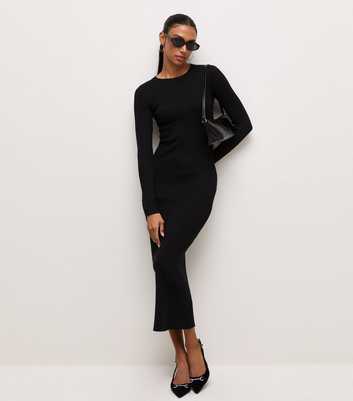 Black Ribbed Lightweight Knit Midi Dress