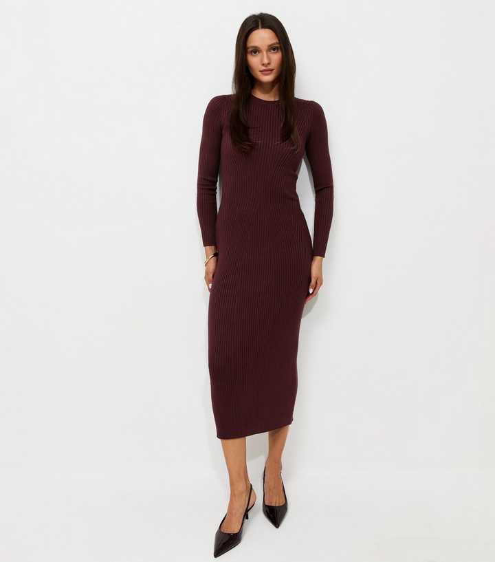 Dark Burgundy Ribbed Lightweight Knit Midi Dress