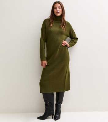 Dark Khaki Knitted High Neck Midi Dress