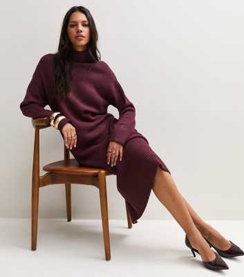 Dark Burgundy Knitted High Neck Midi Dress
