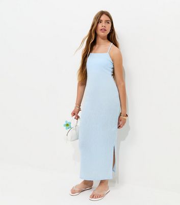 Girls Light Blue Textured Jersey Halter Maxi Dress