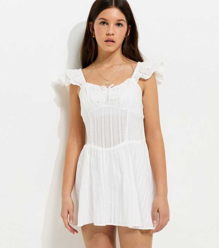Girls White Textured Flutter Sleeve Dress