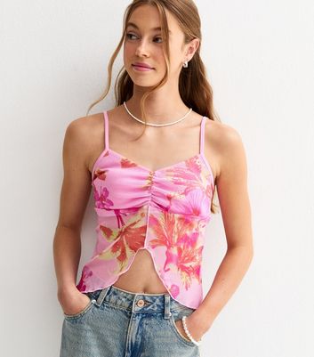 Girls Pink Mesh Tropical Print Cami Top