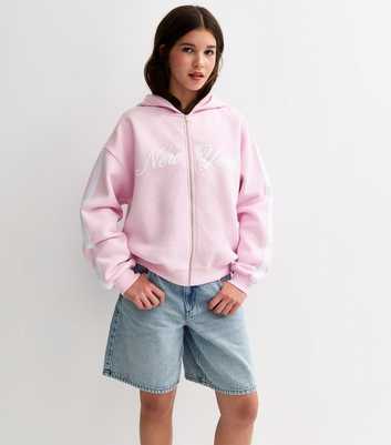 Girls Pink New York Longline Zip Through Hoodie