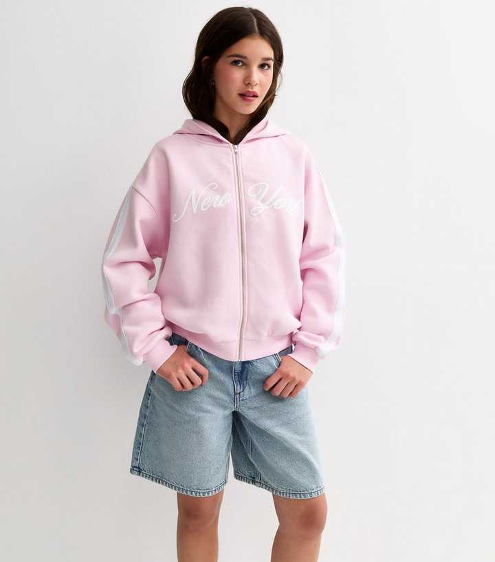 Girls Pink New York Longline Zip Through Hoodie