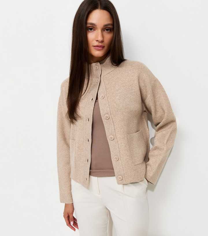 Oatmeal Knitted Patch Pocket Bomber Cardigan