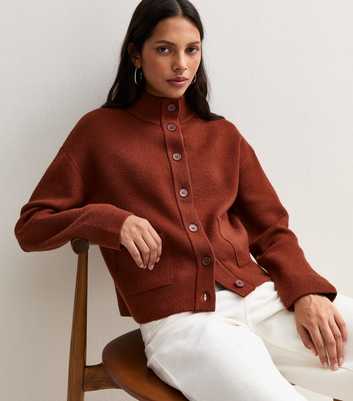 Rust Knitted Front Patch Pocket Cardigan